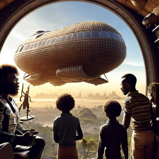 Prompt: A Zulu men with his children inside an airship Zulu hut house, in a future times, with Zulu design ai and AGI robots, they are looking outside the large Windows of the 27 storey flat watching flying  car's traffic through tall buildings, futuristic earth scenes super realism masterpieces, utopia year 2035