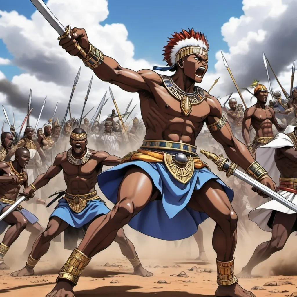 Prompt: Manga Anime epic battle scenes, Ndebele renditions