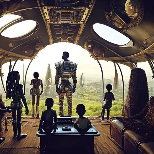 Prompt: A Zulu men with his children inside an airship Zulu hut house, in a future times, with Zulu design ai and AGI robots, they are looking outside the large Windows of the 27 storey flat watching flying  car's traffic through tall buildings, futuristic earth civilization  scenes super realism masterpieces, utopia year 2035