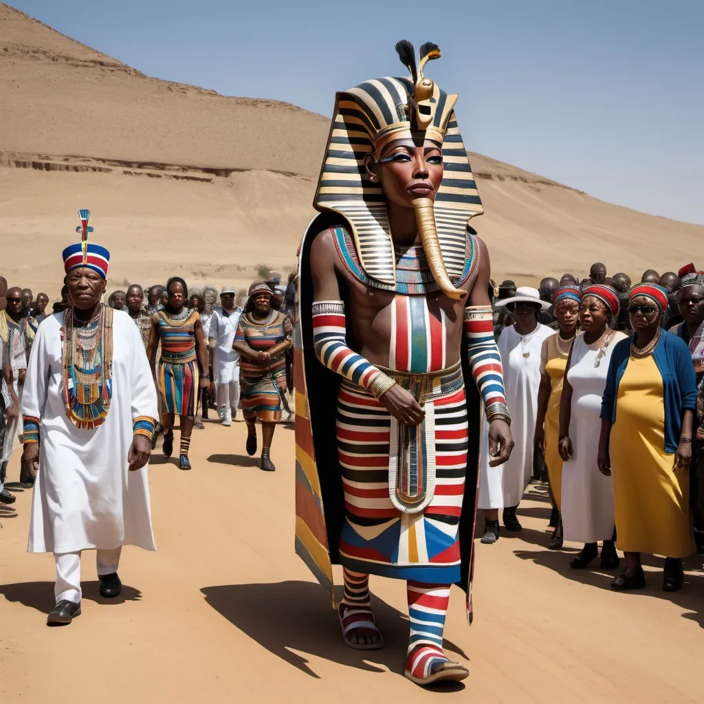 Prompt: The funeral procession with the sarcophagus of king Tutunkhamun, super realism Esther Mahlangu renditions