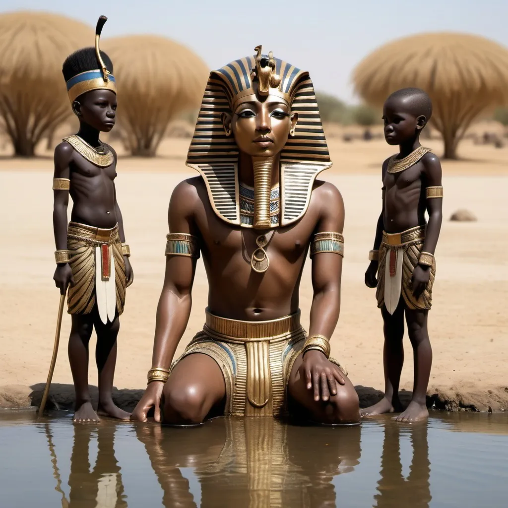 Prompt: The boy king Tutunkhamun drinking from a pond, 2 bodyguards stand by his sides, super realism Zulu renditions