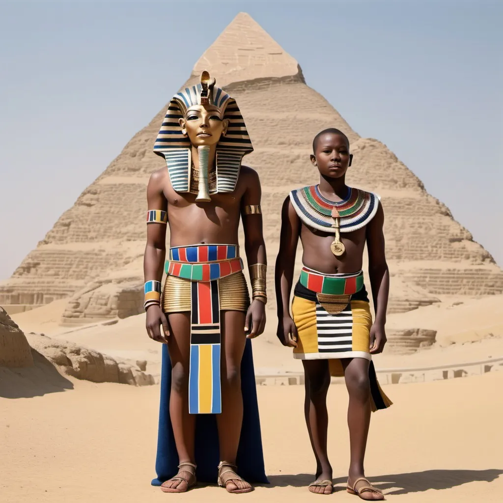 Prompt: The boy king Tutunkhamun and his queen Ankhsuamun at the pyramids and sphinx, escorted by officials, super realism 
Esther Mahlangu renditions