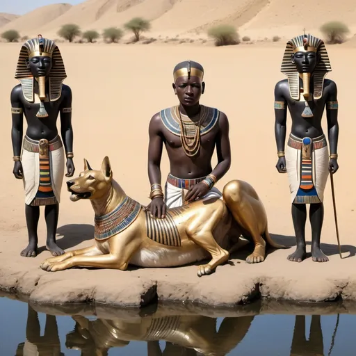 Prompt: The boy king Tutunkhamun lying on his stomach, drinking water from a pond, 2 armed bodyguards  at his rear side with his royal hound great dame,
 super realism Ndebele renditions