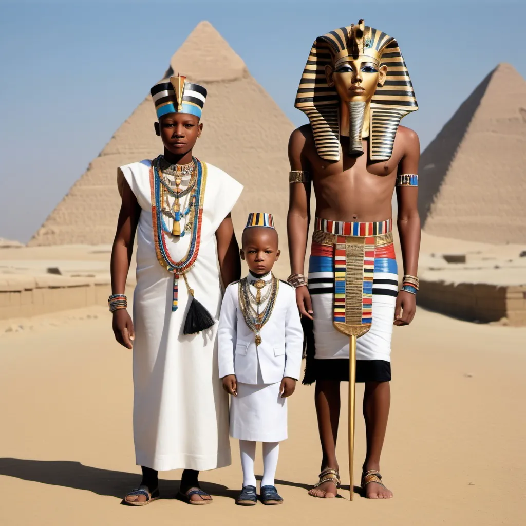 Prompt: The boy king Tutunkhamun and his queen Ankhsuamun at the pyramids and sphinx, escorted by officials, super realism 
Esther Mahlangu renditions