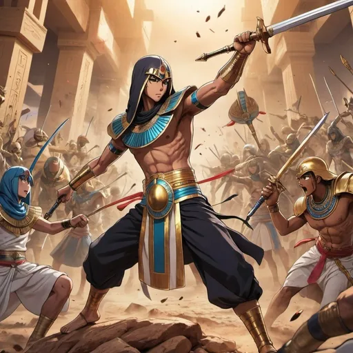 Prompt: Anime  characters in an epic battle scenes fighting enemies, Egyptian renditions