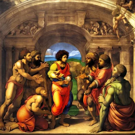 Prompt: Michael Angelo Bounarroti, Jonah, 1511 Massai rendition super realism