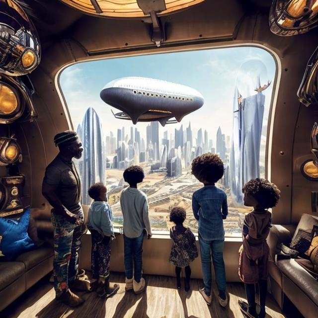 Prompt: A middle aged Zulu men with his grand children inside an airship  house, in a future times, they are looking outside the large Windows of the 27 storey flat, watching flying  car's traffic through tall buildings, futuristic scenes super realism masterpieces, utopia year 2035