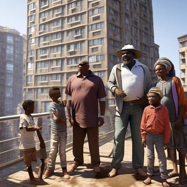 Prompt: A middle aged Zulu men with his grand children in a future times, they are looking outside the large Windows of the 27 storey flat, watching flying drone car's through tall buildings, super realism masterpieces, utopia