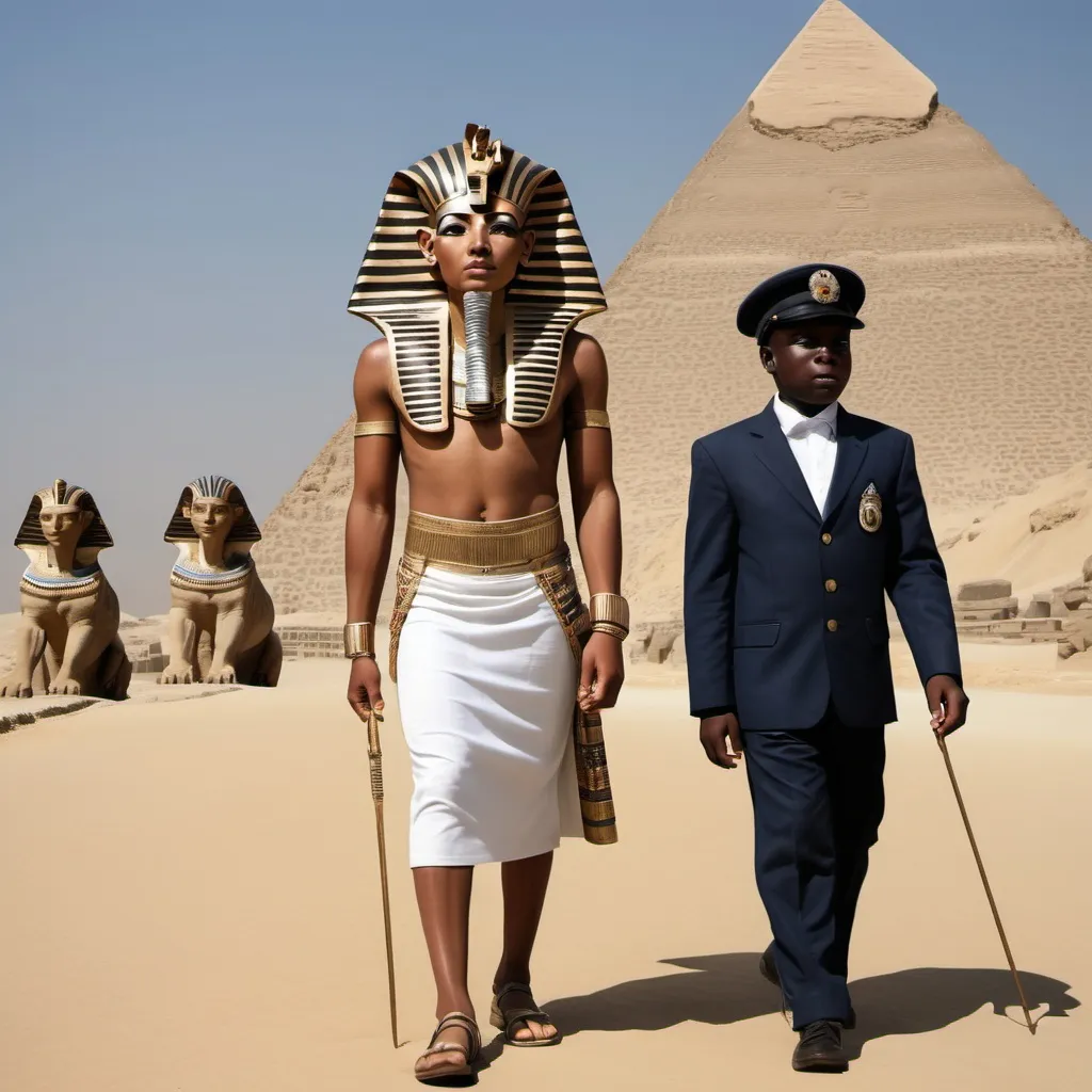 Prompt: The boy king Tutunkhamun and his queen Ankhsuamun at the pyramids and sphinx, escorted by officials, super realism 
Zulu  renditions