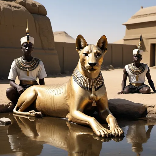 Prompt: The boy king Tutunkhamun lying on his stomach, drinking water from a pond, 2 armed bodyguards  at his rear side with his royal hound great dame,
 super realism Zulu renditions