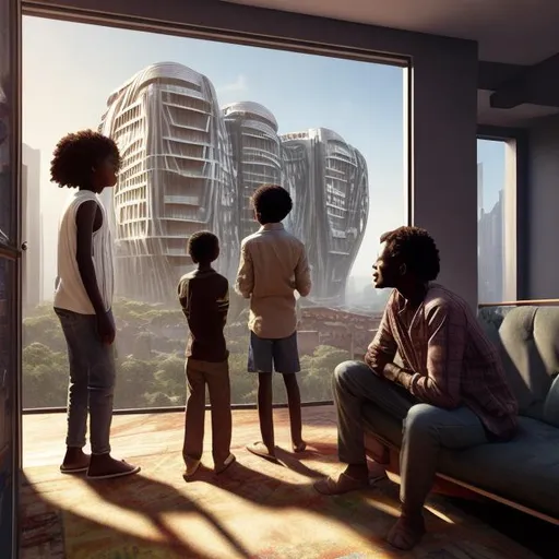 Prompt: A middle aged Zulu men with his grand children inside their house, in a future times, they are looking outside the large Windows of the 27 storey flat, watching flying  car's traffic through tall buildings, futuristic scenes super realism masterpieces, utopia year 2035