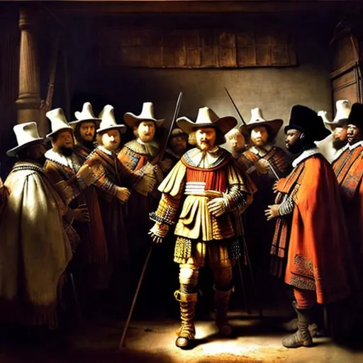 Prompt: Rembrandt Van Rijn, Syndics of the Cloth Guild Zulu rendition super realism