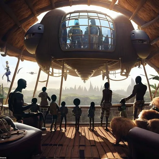 Prompt: A Zulu men with his children inside an airship Zulu hut house, in a future times, with Zulu design ai and AGI robots, they are looking outside the large Windows of the 27 storey flat watching flying  car's traffic through tall buildings, futuristic earth civilization  scenes super realism masterpieces, utopia year 2035