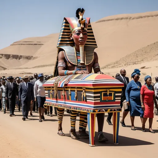 Prompt: The funeral procession with the sarcophagus of king Tutunkhamun, super realism Esther Mahlangu renditions