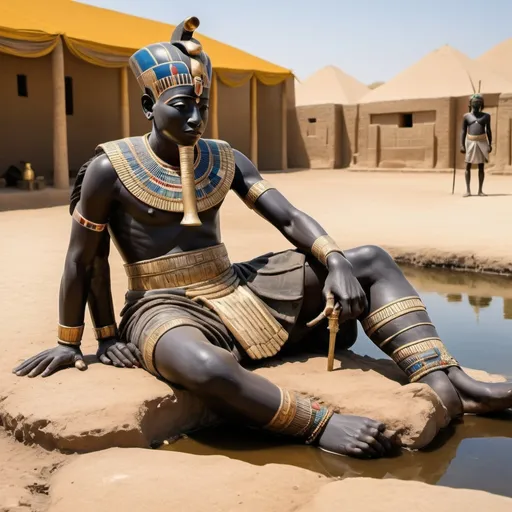 Prompt: The boy king Tutunkhamun lying on his stomach, drinking water from a pond, 2 armed bodyguards  at his rear side, super realism Ndebele renditions