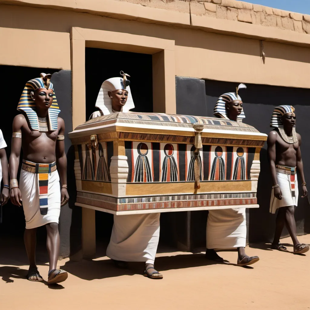 Prompt: The funeral procession with the sarcophagus of king Tutunkhamun, super realism Ndebele renditions