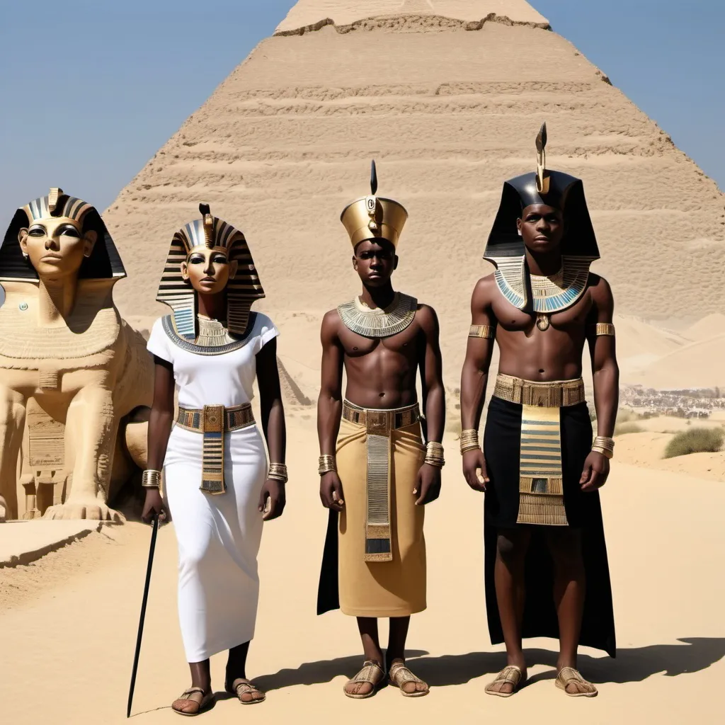 Prompt: The boy king Tutunkhamun and his queen Ankhsuamun at the pyramids and sphinx, escorted by officials, super realism 
Zulu  renditions