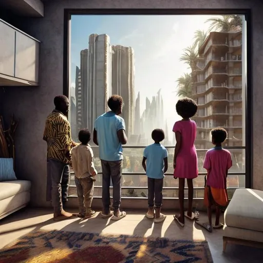 Prompt: A middle aged Zulu men with his grand children inside their house, in a future times, they are looking outside the large Windows of the 27 storey flat, watching flying  car's traffic through tall buildings, futuristic scenes super realism masterpieces, utopia year 2035