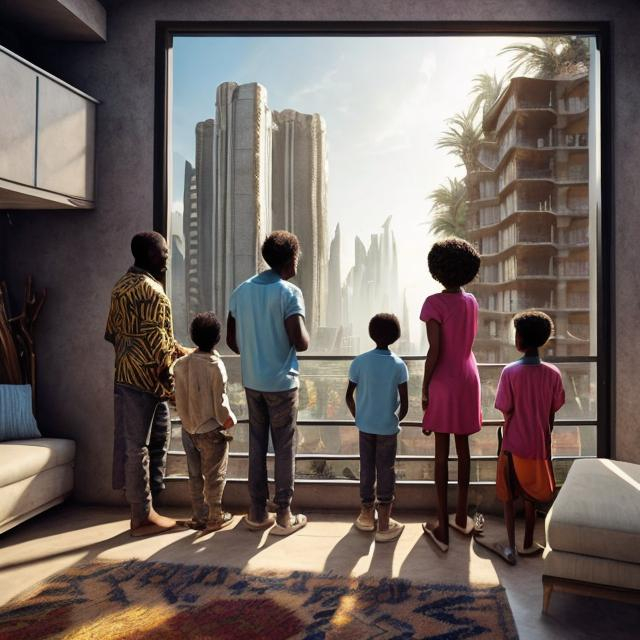 Prompt: A middle aged Zulu men with his grand children inside their house, in a future times, they are looking outside the large Windows of the 27 storey flat, watching flying  car's traffic through tall buildings, futuristic scenes super realism masterpieces, utopia year 2035