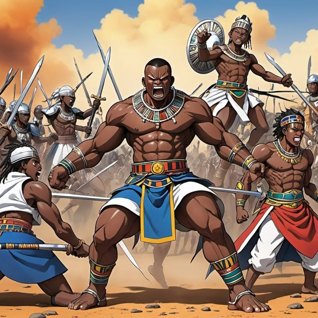 Prompt: Manga Anime epic battle scenes, Ndebele renditions