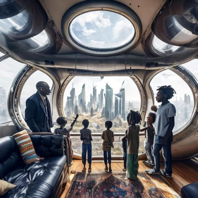 Prompt: A middle aged Zulu men with his grand children inside an airship  house, in a future times, they are looking outside the large Windows of the 27 storey flat, watching flying  car's traffic through tall buildings, futuristic scenes super realism masterpieces, utopia year 2035