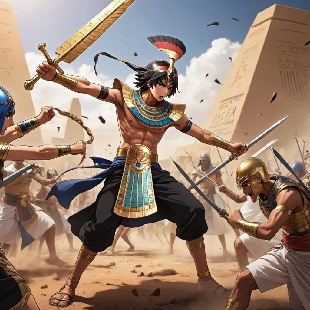 Prompt: Anime  characters in an epic battle scenes fighting enemies, Egyptian renditions