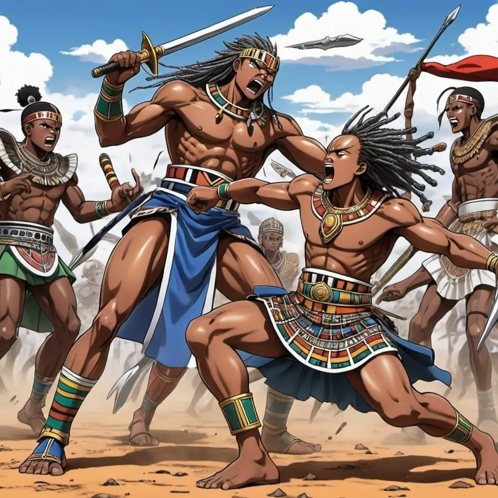 Prompt: Manga Anime epic battle scenes, Ndebele renditions