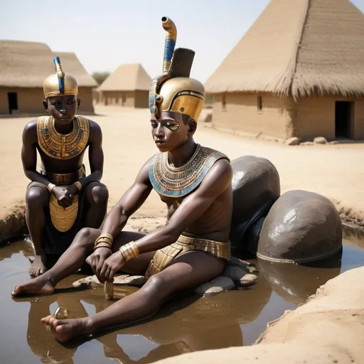 Prompt: The boy king Tutunkhamun lying on his stomach, drinking water from a pond, 2 armed bodyguards  at his rear side, super realism Zulu renditions