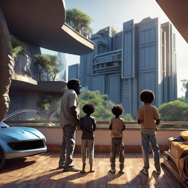 Prompt: A middle aged Zulu men with his grand children inside their house, in a future times, they are looking outside the large Windows of the 27 storey flat, watching flying  car's traffic through tall buildings, futuristic scenes super realism masterpieces, utopia year 2035