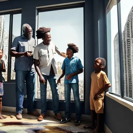 Prompt: A middle aged Zulu men with his grand children in a future times, they are looking outside the large Windows of the 27 storey flat, watching flying drone car's through tall buildings, futuristic scenes super realism masterpieces, utopia year 2035