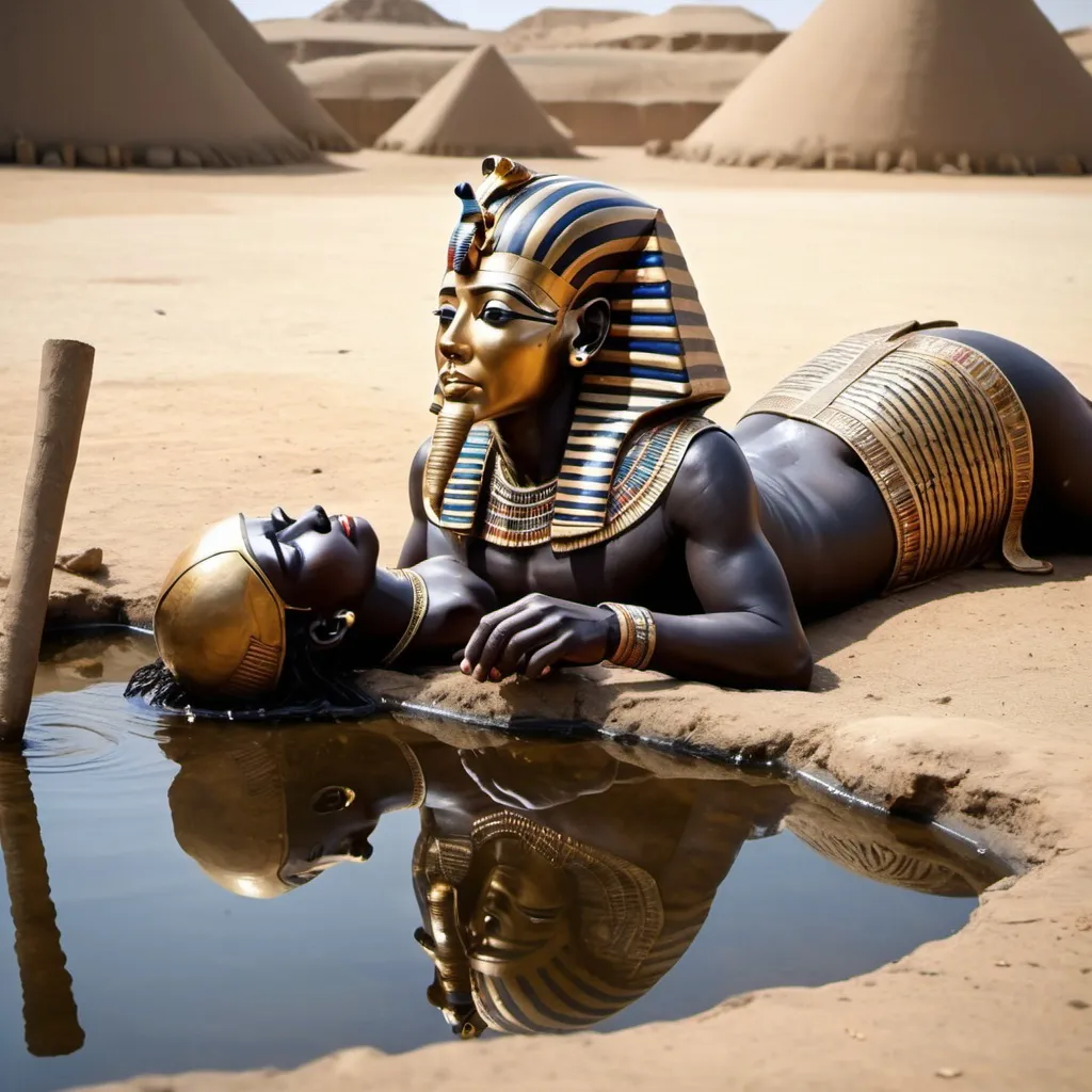 Prompt: The boy king Tutunkhamun lying on his stomach, drinking water from a pond, 2 bodyguards  at his rear side, super realism Zulu renditions