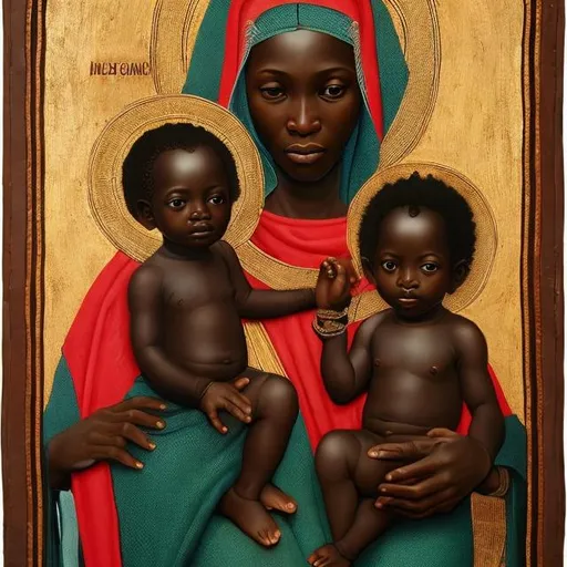 Prompt: The Virgin and Child Massai rendition, super realism