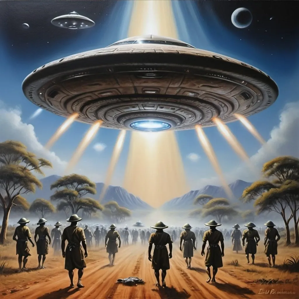 Prompt: Ufo invasion, Zulu renditions, super realism, masterpieces