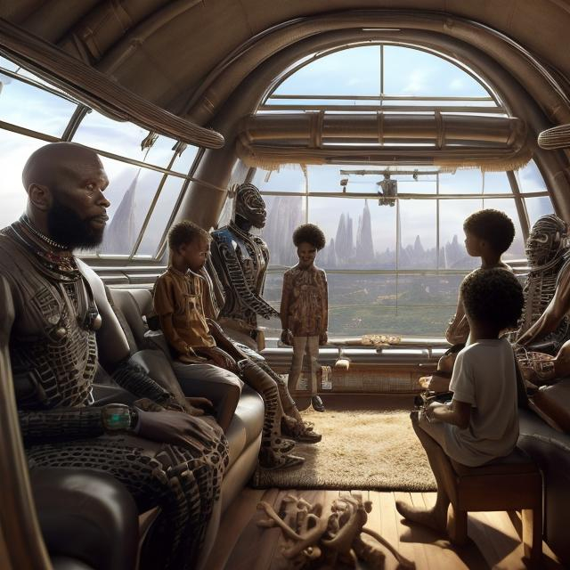 Prompt: A Zulu men with his children inside an airship Zulu hut house, in a future times, with Zulu design ai and AGI robots, they are looking outside the large Windows of the 27 storey flat watching flying  car's traffic through tall buildings, futuristic earth scenes super realism masterpieces, utopia year 2035