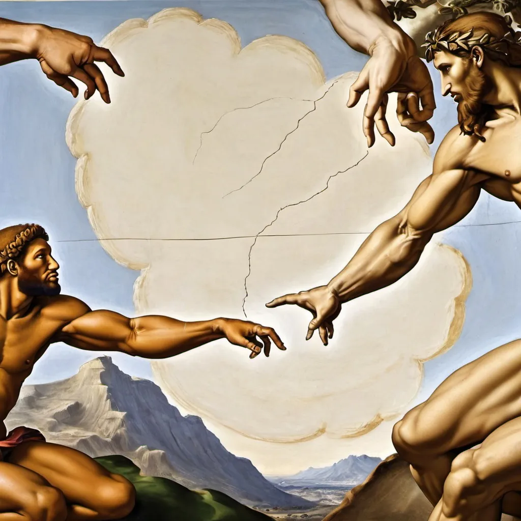 Prompt: Michael Angelo, The Creation of Adam,
 super realism Zulu renditions