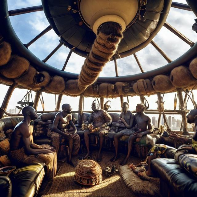 Prompt: A Zulu men with his children inside an airship Zulu hut house, in a future times, they are looking outside the large Windows of the 27 storey flat watching flying  car's traffic through tall buildings, futuristic earth scenes super realism masterpieces, utopia year 2035