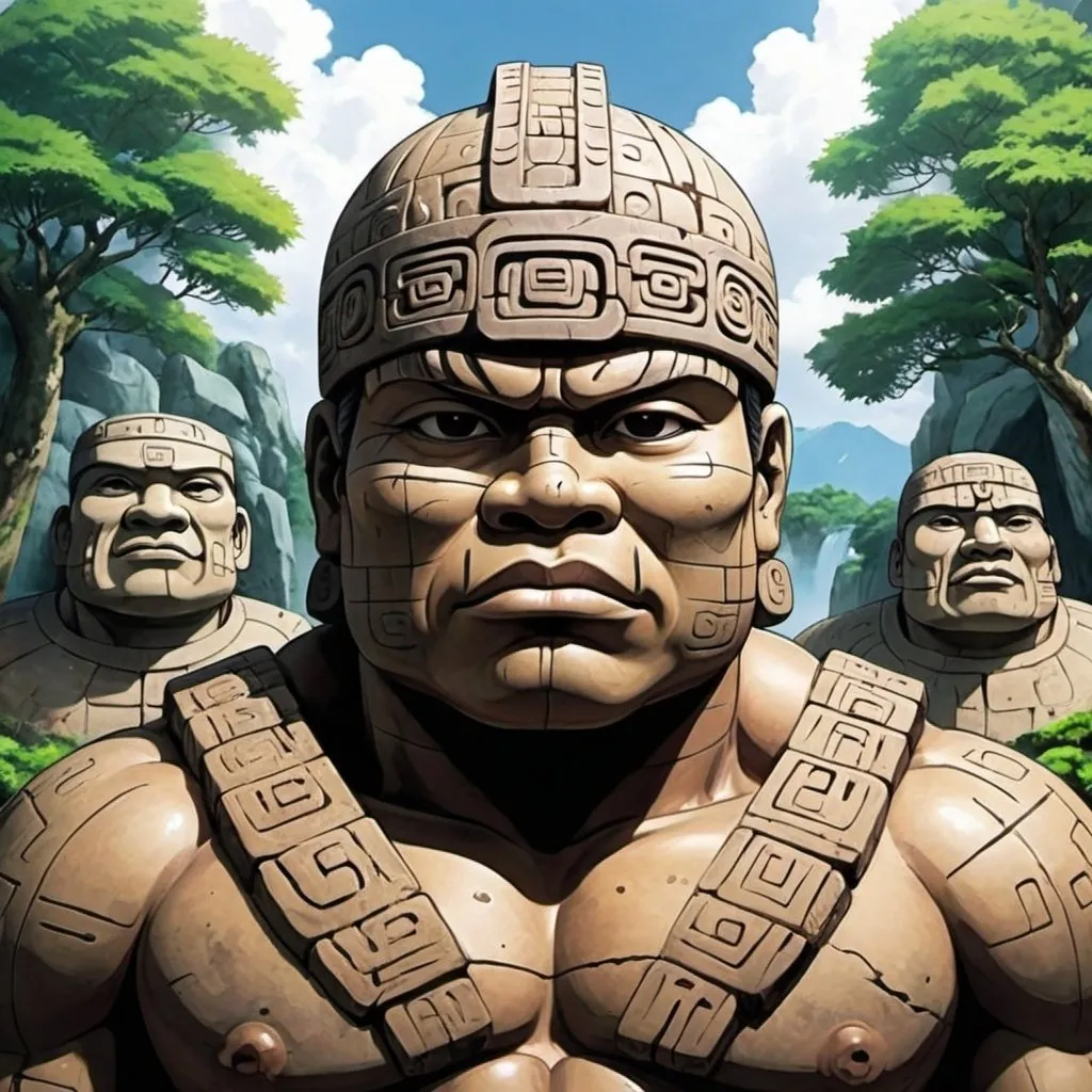 Prompt: Japanese Anime, olmec renditions