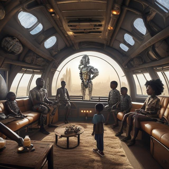 Prompt: A Zulu men with his children inside an airship Zulu hut house, in a future times, with Zulu design ai and AGI robots, they are looking outside the large Windows of the 27 storey flat watching flying  car's traffic through tall buildings, futuristic earth scenes super realism masterpieces, utopia year 2035