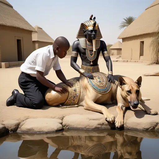 Prompt: The boy king Tutunkhamun lying on his stomach, drinking water from a pond, 2 armed bodyguards  at his rear side with his royal hound great dame,
 super realism Zulu renditions