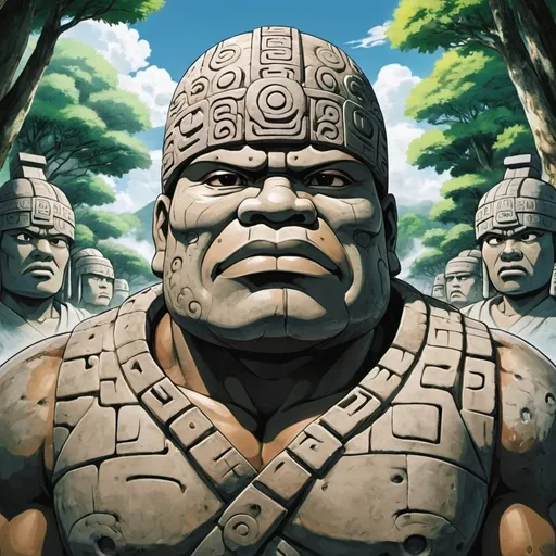 Prompt: Japanese Anime, olmec renditions