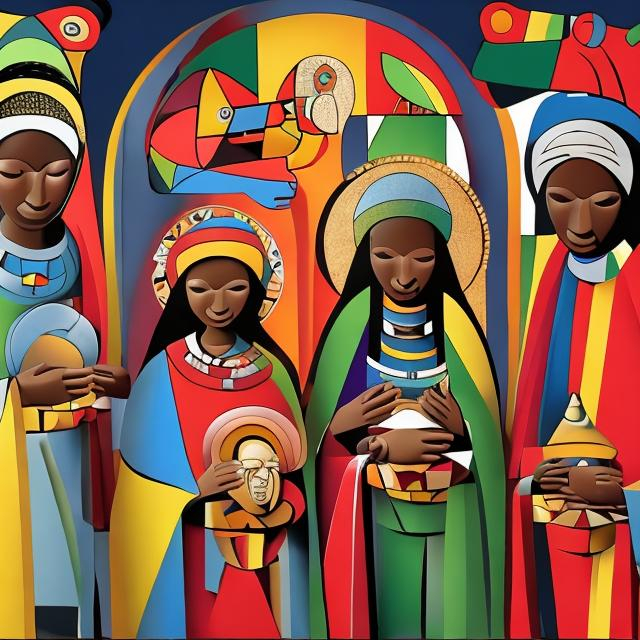 Prompt: Nativity masterpieces, Esther Mahlangu renditions super realism