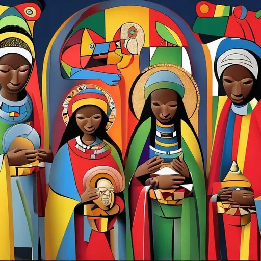 Prompt: Nativity masterpieces, Esther Mahlangu renditions super realism