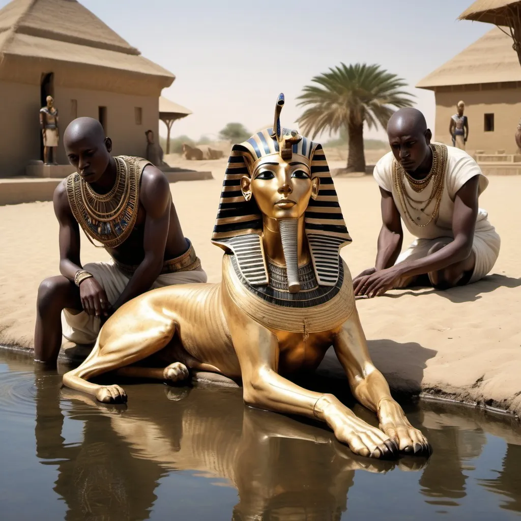 Prompt: The boy king Tutunkhamun lying on his stomach, drinking water from a pond, 2 armed bodyguards  at his rear side with his royal hound great dame,
 super realism Zulu renditions