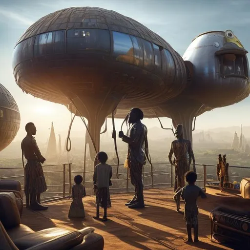 Prompt: A Zulu men with his children inside an airship Zulu hut house, in a future times, with Zulu design ai and AGI robots, they are looking outside the large Windows of the 27 storey flat watching flying  car's traffic through tall buildings, futuristic earth scenes super realism masterpieces, utopia year 2035