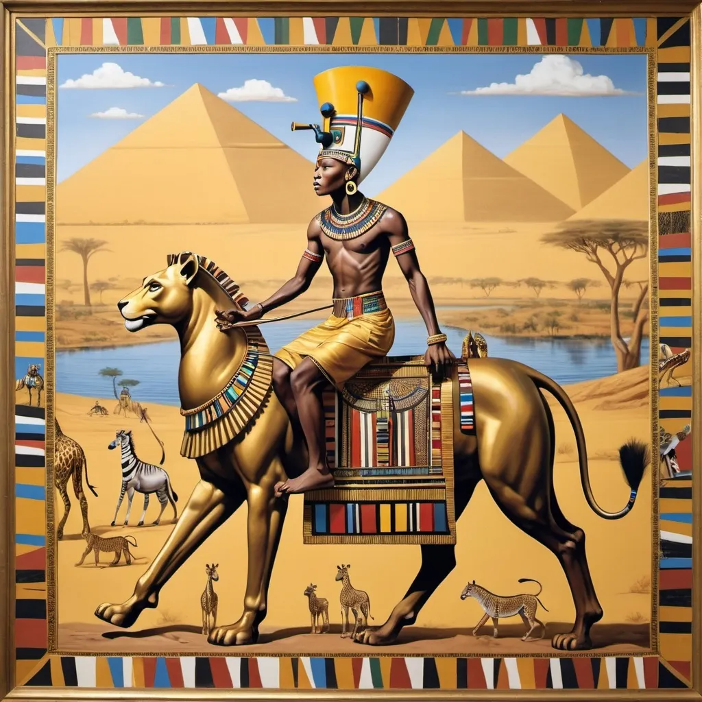 Prompt: The boy king Tutunkhamun on his golden chariot with his great dame, hunting lions, giraffes and wild animals along the Nile river, super realism, Esther Mahlangu renditions