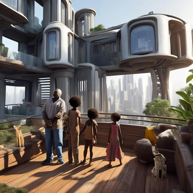 Prompt: A middle aged Zulu men with his grand children inside their house, in a future times, they are looking outside the large Windows of the 27 storey flat, watching flying  car's traffic through tall buildings, futuristic scenes super realism masterpieces, utopia year 2035