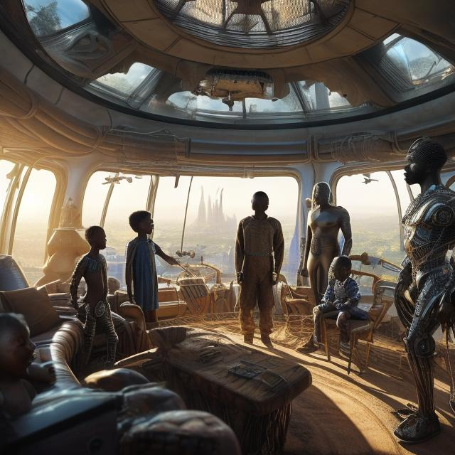 Prompt: A Zulu men with his children in different situation setting, inside an airship Zulu hut house, in a future times, with Zulu design ai and AGI robots, they are looking outside the large Windows of the 27 storey flat watching flying  car's traffic through tall buildings, futuristic earth civilization  scenes super realism masterpieces, utopia year 2035