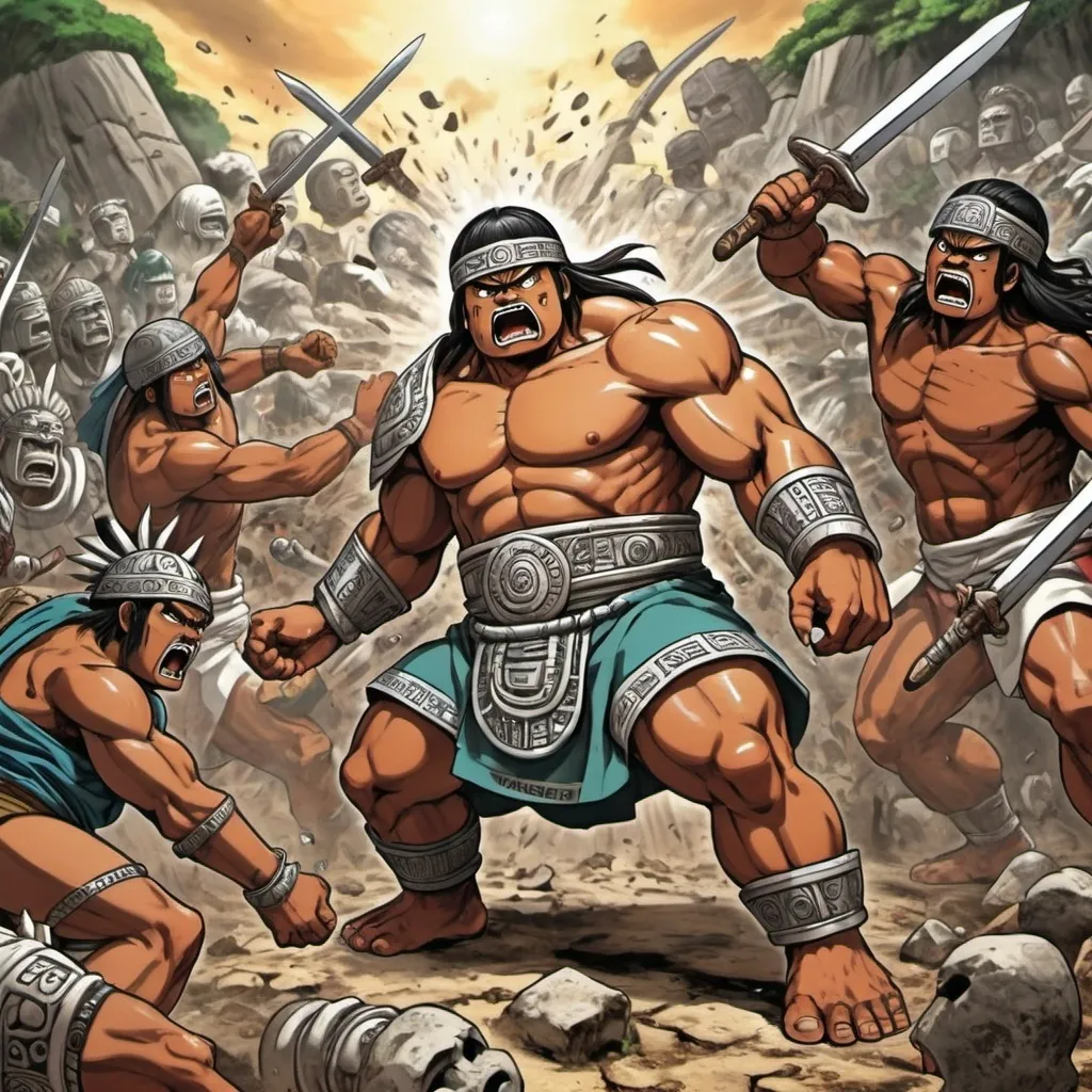 Prompt: Manga Anime epic battle scenes, Olmec renditions