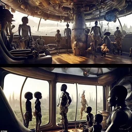 Prompt: A Zulu men with his children inside an airship Zulu hut house, in a future times, with Zulu design ai and AGI robots, they are looking outside the large Windows of the 27 storey flat watching flying  car's traffic through tall buildings, futuristic earth civilization  scenes super realism masterpieces, utopia year 2035