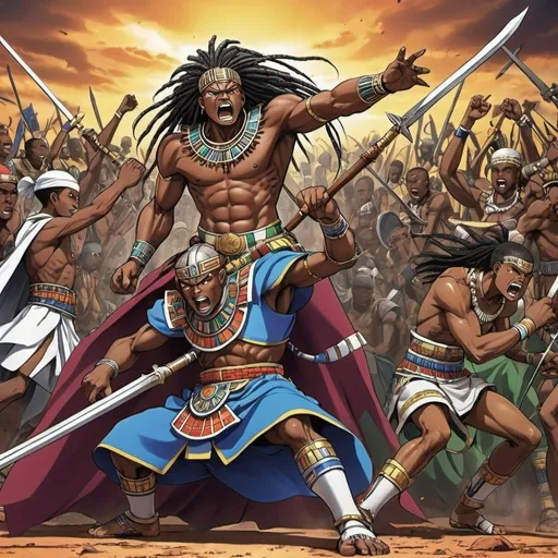 Prompt: Manga Anime epic battle scenes, Ndebele renditions